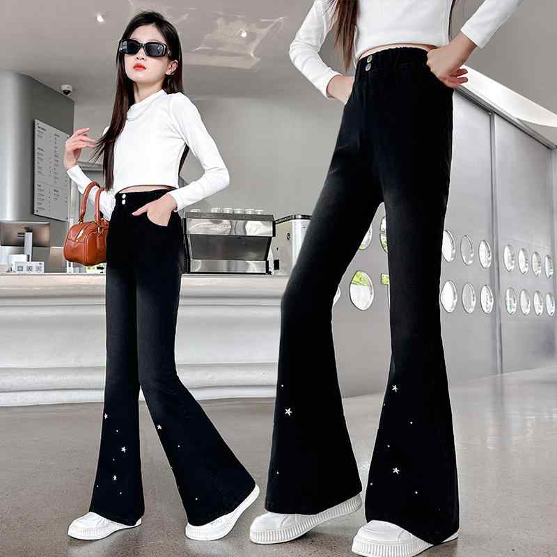 デニム ジーンズ 女の子 キッズ ジュニア 春秋 ストレッチ やわらか ハイウエスト 細見え セミフレア フレアパンツ 普段着 通学 カジュアル