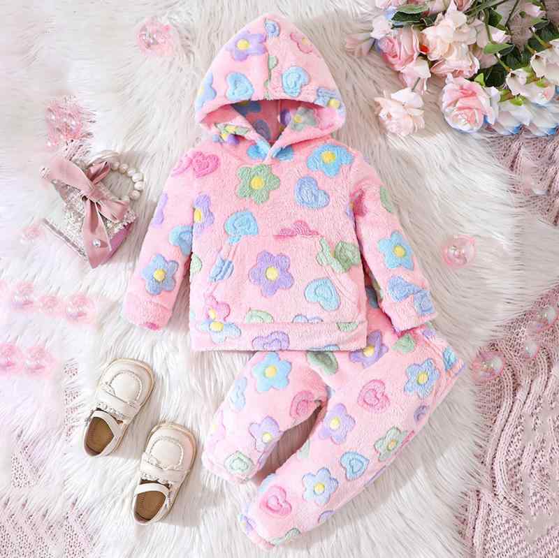 セットアップ 女の子 ベビー キッズ フード付き 長袖 起毛 ポリエステル ソフトな肌触り 肌に優しい カ..