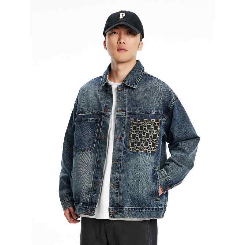 ジャケット メンズ 男性用 切り替え デニム ワークジャケット 精密 刺繍 ポケット 高級感 デザイン ゆったり ルーズフィット 大きいサイズ ビッグサイズ アメリカン カジュアル アメカジ