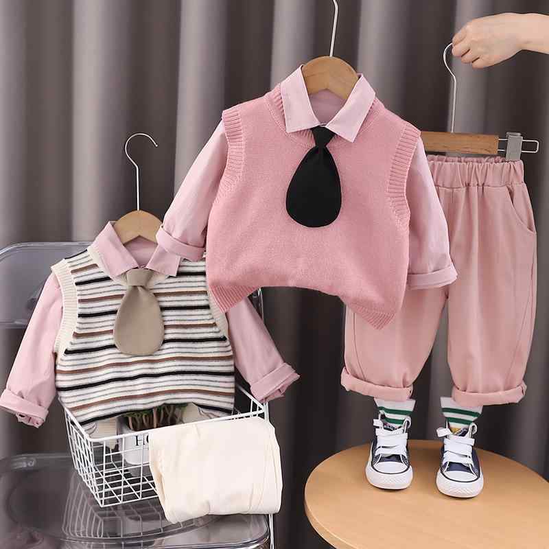 ベビー服 男の子 男児 春秋 パンツセット 3点セット 綿 コットン プルオーバー ニット セーター ネクタイ付き 長袖 ストライプ柄 無地 おしゃれ かわいい 韓国風 1歳 2歳 3歳 80cm 90cm 100cm