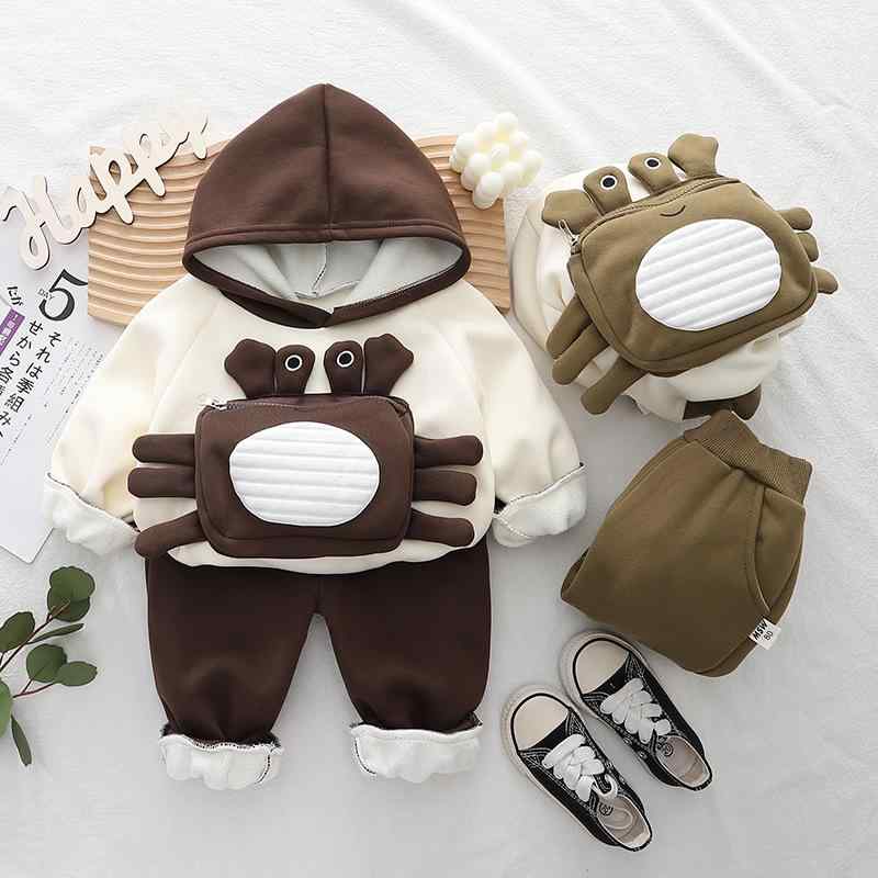 セットアップ ベビー キッズ 男の子 裏起毛 フード付き 防寒 あったか 立体カニ柄 キャラクター 長袖ロ..