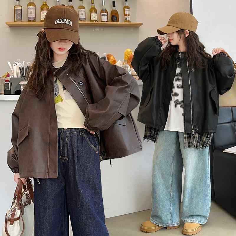 ライダースジャケット 女の子 キッズ ジュニア PUレザー 合皮 ソフトな肌触り 春秋 ラウンドネック 長袖 ショート丈 ジップアップ カジュアル 黒 茶色 1...