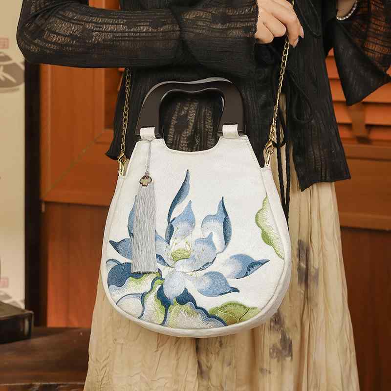 ハンドバッグ 刺繡 中国風 チャイナドレス 宴会 漢服 パーティー 日常使い 上品な夏蓮柄 ミニスクエアバッグ ポリエステル ジッパー開閉 ポケット 仕切り付き 中型 スクエア型(4)