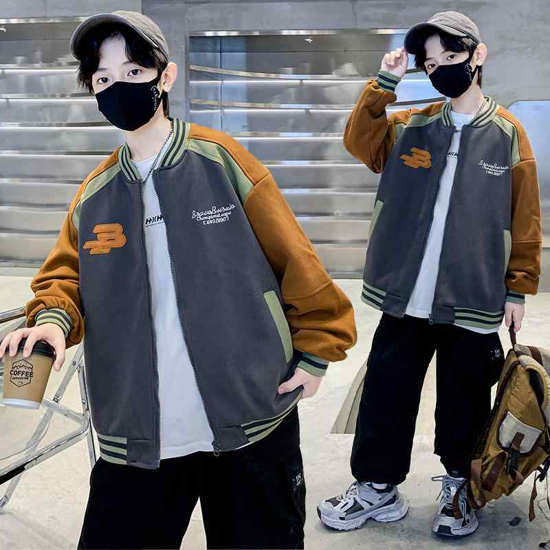 ジャケット 男の子 キッズ ジュニア スタジャン 春秋 長袖 ジップアップ フードなし 切り替え スウェット ライトアウター 柔らかい コットン混 通学 カジュ...