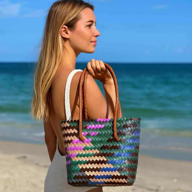 トートバッグ 防水 大容量 ツイル編み PVC素材 横長 スクエア型 ミディアムサイズ スマホポケット付き ダブルハンドル レジャー 旅行 通勤用(4)