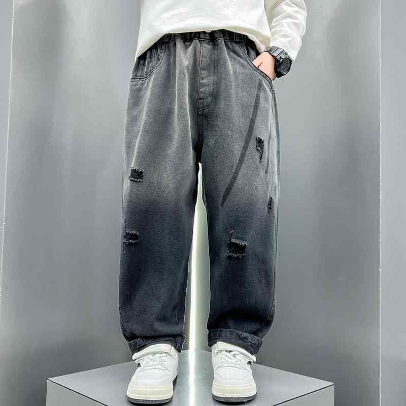 デニムパンツ 男の子用 ジュニア ダメージ加工 グラデーション ロング丈 ハイウエスト ゴムウエスト ストリートカジュアル 綿混素材 おしゃれ クール 春秋用