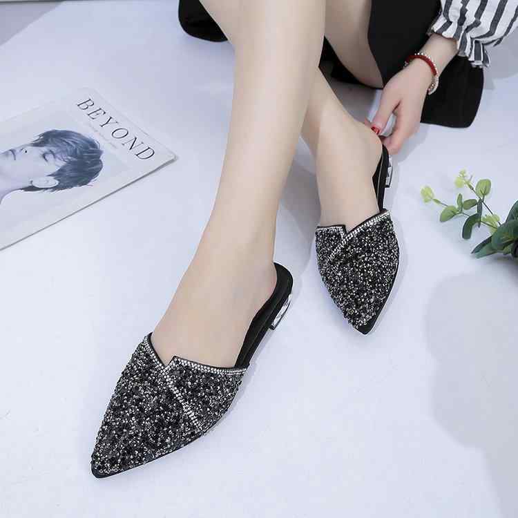 ミュール レディース 女性用 クローズドトゥ かかと無し 太ヒール ポインテッドトゥ スパンコール ライ..