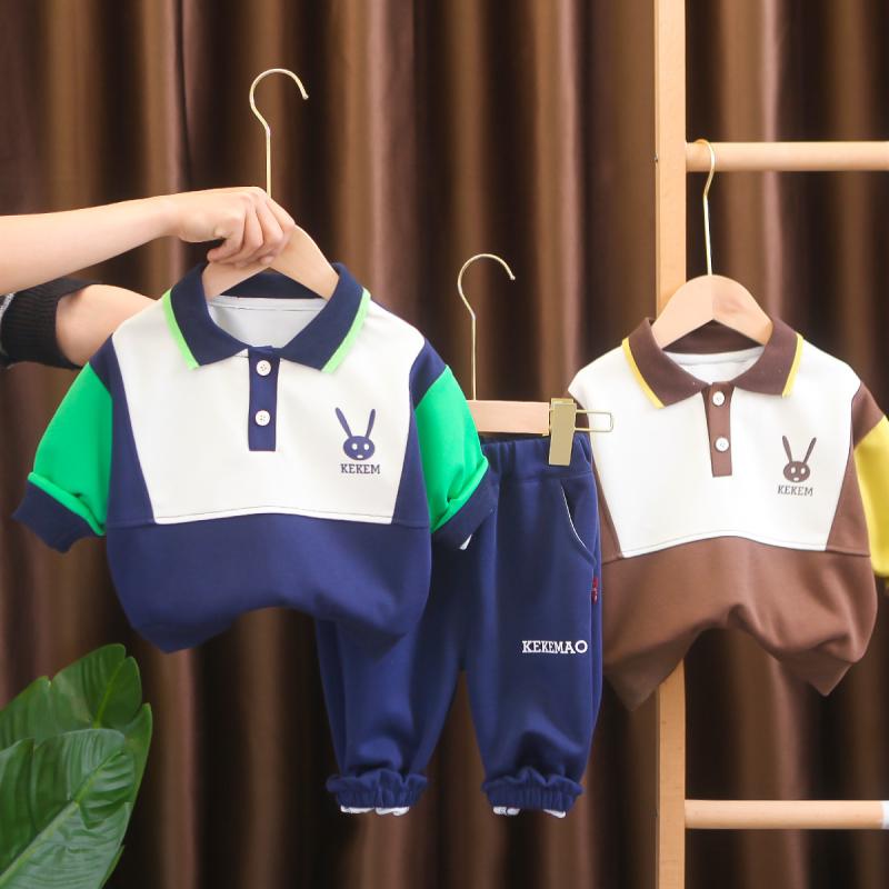 ベビー服 男の子 かっこいい 長袖 ポロシャツ スウェット 上下セット 綿 コットン混 柔らかい肌触り 配色切り替え ゆったり うさぎ柄 カジュアル 普段着 ルームウェア 春秋