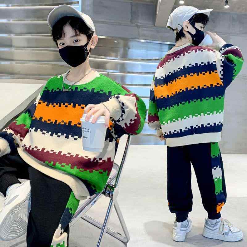 セットアップ キッズ 男の子 ジュニア スポーツウェア 春秋 長袖Tシャツ ロングパンツ 上下セット コットン ストライプ柄 普段着 部屋着 ブラック 2点セット