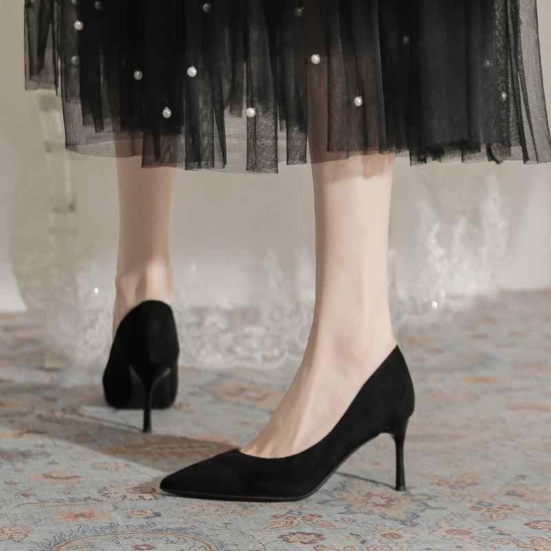 パンプス レディース ポインテッドトゥ 細ヒール ハイヒール スリッポン 浅履き スエード ブラック オ..