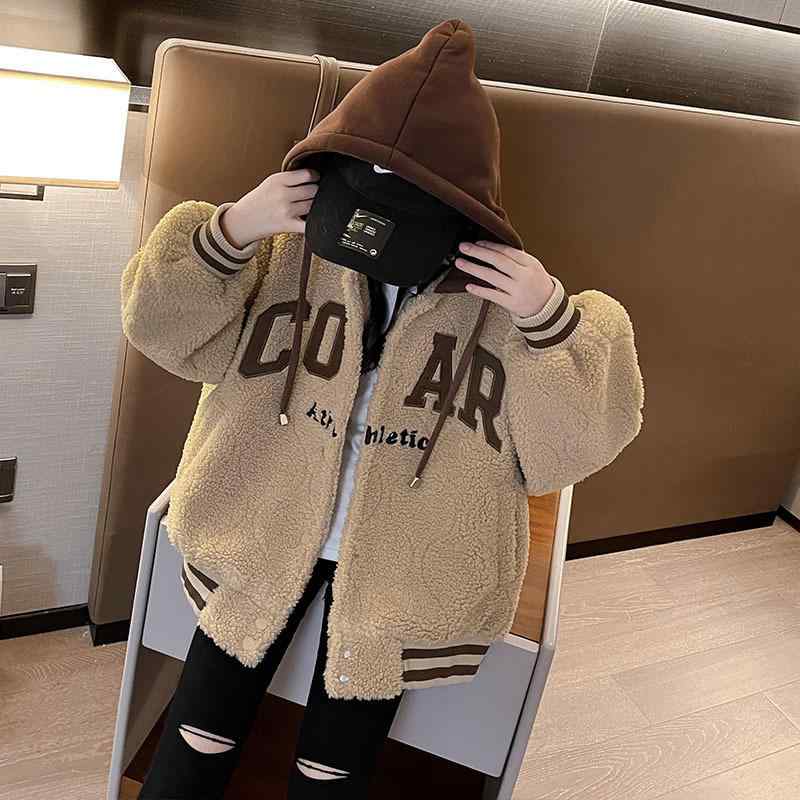 アウター 女の子 キッズ 小学生 ジュニア 秋冬 韓国風 もこもこ ボア 厚手 中綿入り フード付き ジップアップ ミドル丈 アルファベット柄 通学 カジュアル コート