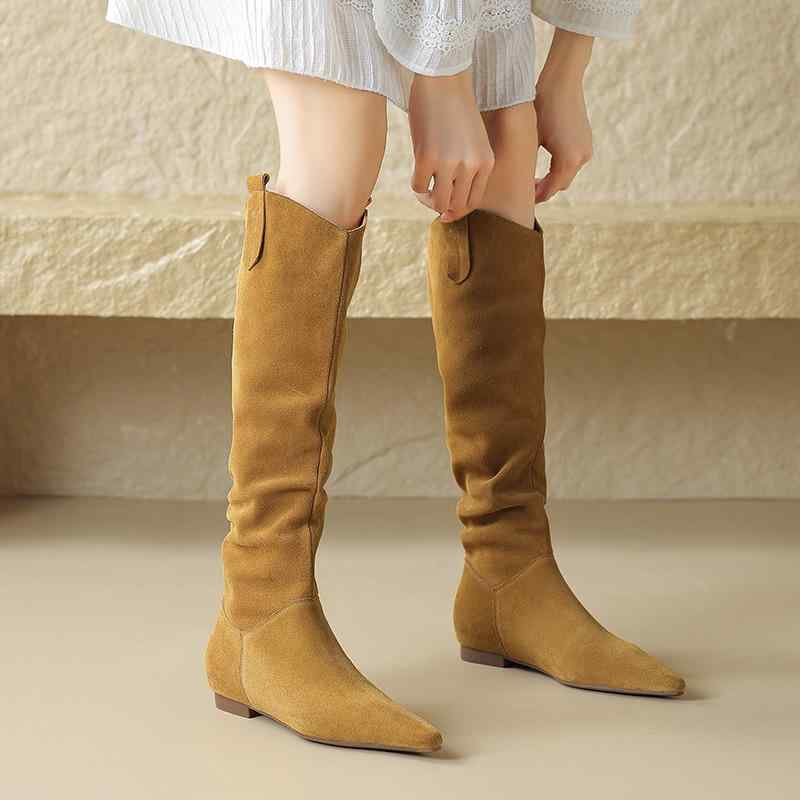 ロングブーツ レディース 牛革 スエード ウエスタンブーツ カウボーイブーツ ポインテッドトゥ Vカット..