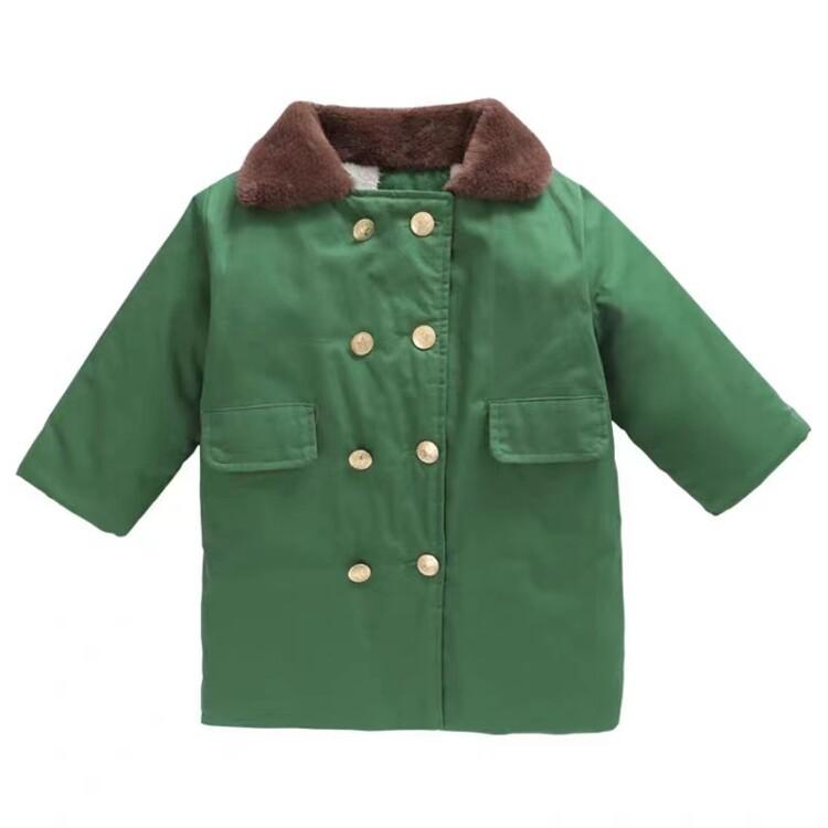 コート キッズ 男女兼用 防寒 厚手 中綿入り ミドル丈 ミリタリー レトロ クラシック 秋冬 コットン 無地 フードなし ダブルボタン 襟付き