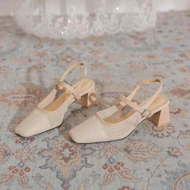 サンダル レディース バックストラップ 春夏 メッシュ 通気性 マイクロファイバー 太ヒール チャンキー..