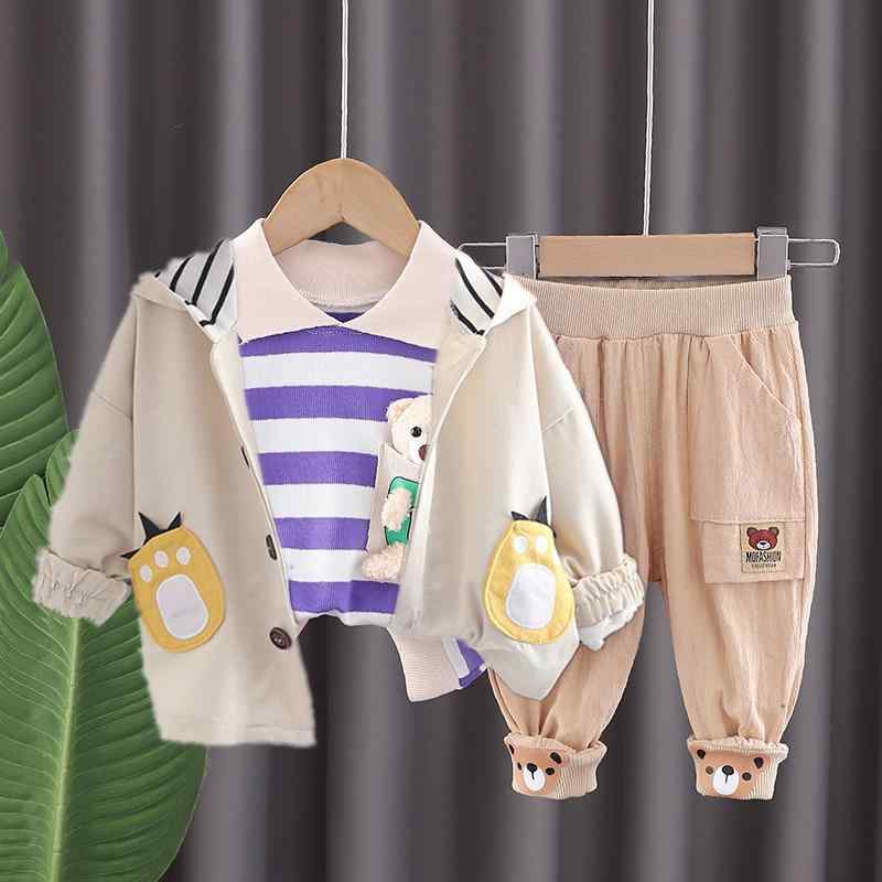 セットアップ 男の子 ベビー 春物 フード付き ジャケット クマ 立体 襟付きトップス パンツ 3点セット おしゃれ かわいい 韓国風 普段着 1歳 2歳 3歳 綿 コットン