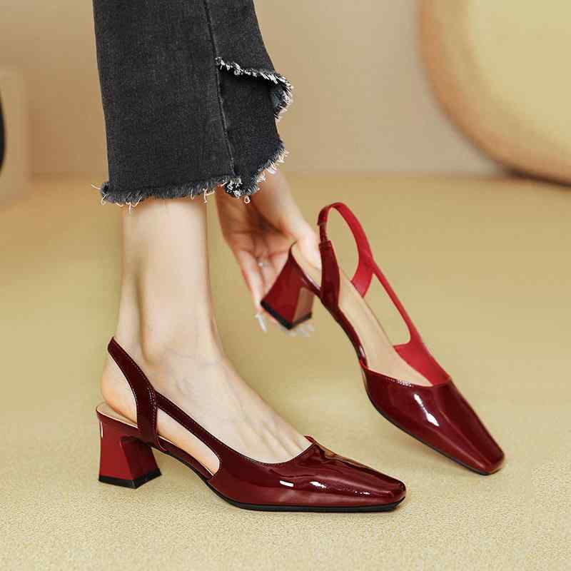 ミュール レディース スクエアトゥ クローズドトゥ バックストラップ 太ヒール ハイヒール フレンチス..