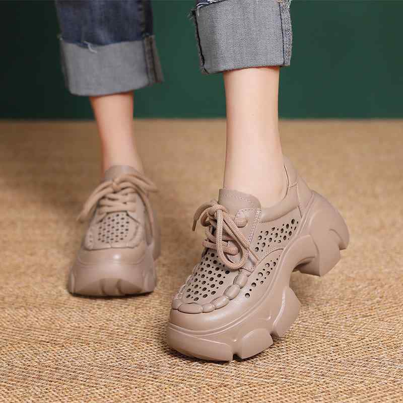 サンダル レディース 女性用 通気性 柔らかい 本革 牛革 厚底 カットアウト レースアップ ラウンドトゥ カジュアル 普段使い 春夏 ブラック ヌード