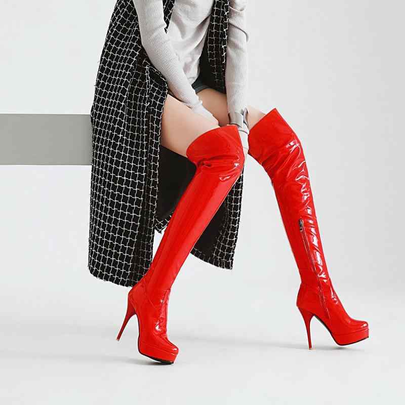 ニーハイブーツ レディース エナメル パテントレザー 厚底 プラットフォーム ピンヒール 美脚 脚長効果..