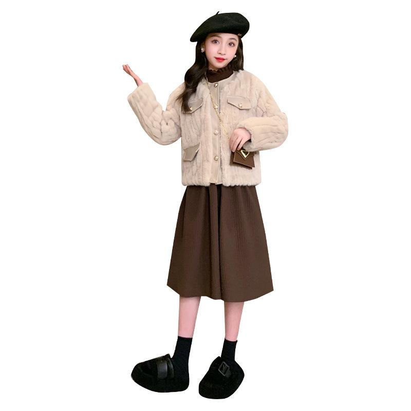 セットアップ キッズ ジュニア ガールズ 女の子 秋冬 裏起毛 厚手 ニットワンピース フェイクファーコート ジャケット 上品 エレガント 通園 通学 お出かけ
