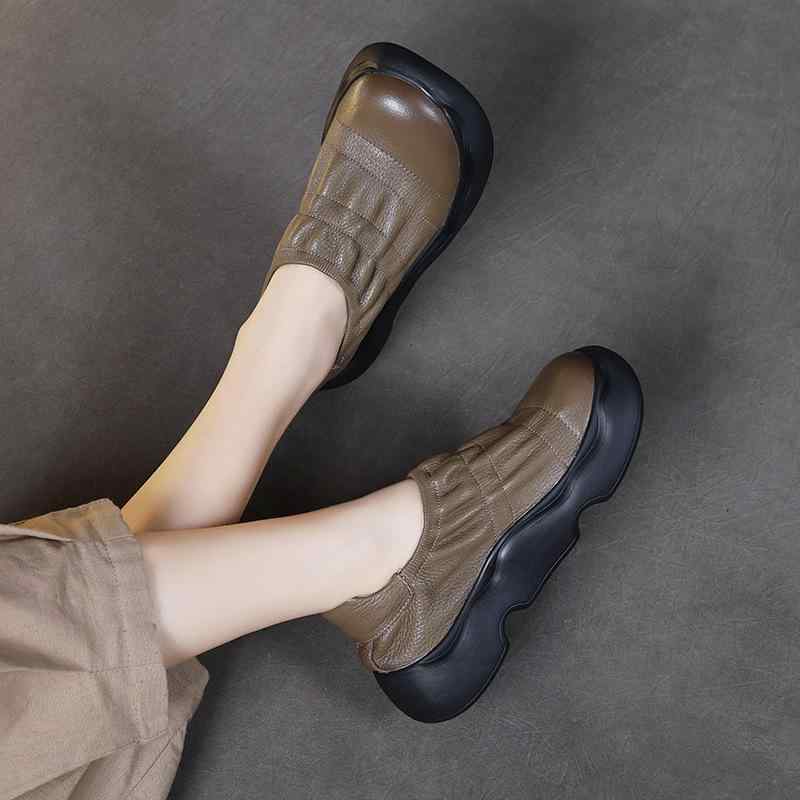 パンプス レディース 本革 ソフトレザー 厚底 軽量 スリッポン ラウンドトゥ レトロ フラットシューズ ステッチ クロスストラップ 春秋 カーキ ブラック ゴ...