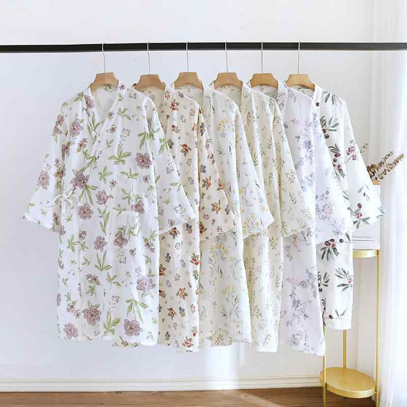 ローブ レディース 女性用 綿100% 薄手 クレープ生地 通気性 接触冷感 快適 フェミニン Vネック 帯付き 和風 ルームウェア 部屋着 パジャマ ナイトウェア バスローブ 春夏秋 ミディ丈