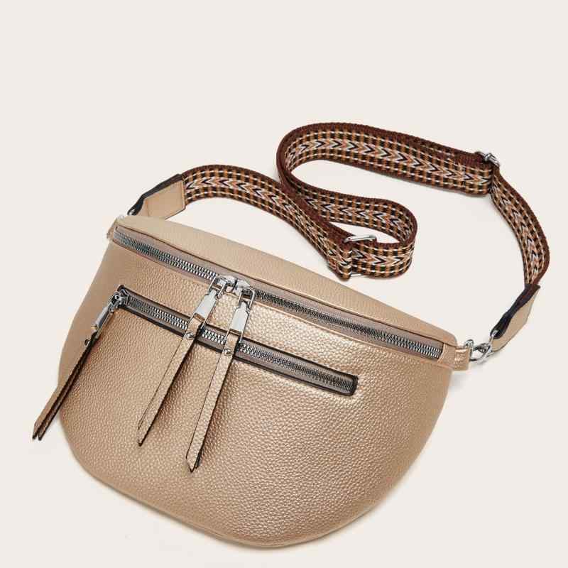 バッグ レディース ソフト ライチ柄 PUレザー 幅広ストラップ シャンパンカラー ウエスト ボディ ショ..