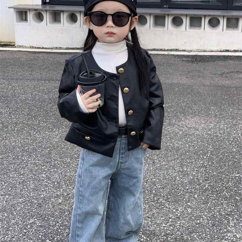 アウター キッズ 女の子 PUレザー レザージャケット 子供用 女児 ラウンドネック 長袖 ショート丈 上品 エレガント 韓国風 おしゃれ かわいい 秋冬 柔ら...
