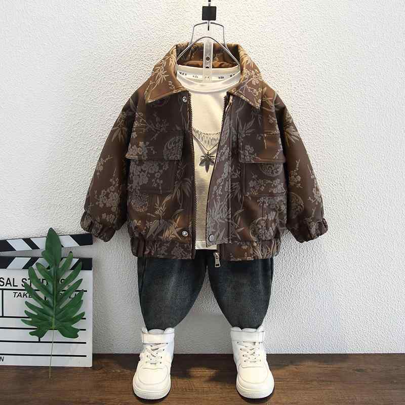 ジャケット キッズ 男の子 子供服 春秋 PUレザー レトロ 中国風 襟付き ジップアップ ブラウン カジュアル ブルゾン アウター 通園 通学 3歳から8歳向け