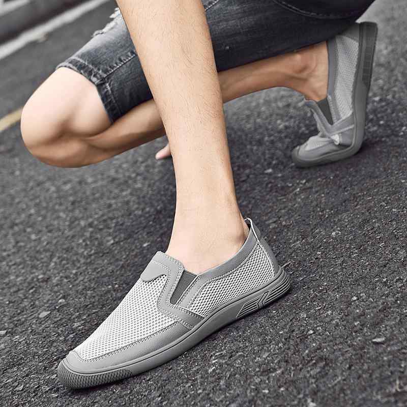 カジュアルシューズ メンズ 通気性抜群 メッシュ スリッポン 着脱簡単 切り替え スクエアトゥ フラットヒール ラバーソール 春夏秋 普段使い グレー ブラック