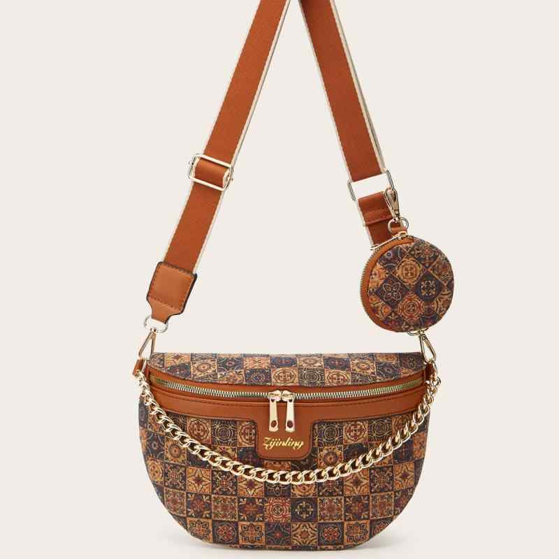 ボディバッグ レディース 女性用 軽量 ソフト PUレザー プリント柄 チェーン ユニークデザイン ショルダーバッグ ウエストバッグ 普段使い デイリーユース ファスナー開閉 内ポケット 外ポケット カジュアル 都会的 おしゃれ