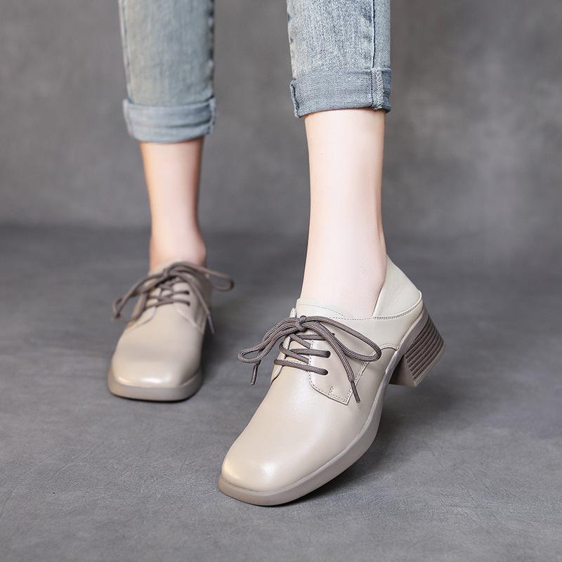 パンプス レディース 2WAY バブーシュ かかと踏める レースアップ ミドルヒール チャンキーヒール ラウンドトゥ 羊革 ソフトレザー ブリットスタイル 通勤...