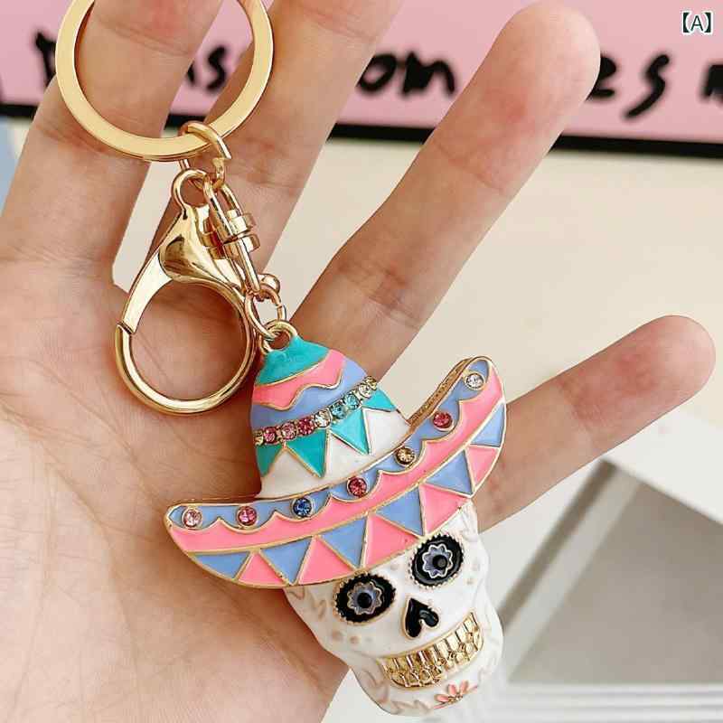 キーホルダー ハロウィン ラインストーン装飾 金属製 亜鉛合金製 帽子 おばけ ゴーストモチーフ バッグチャーム キーリング カジュアル スタイリッシュ ファッション小物 ユニセックスの商品画像 2