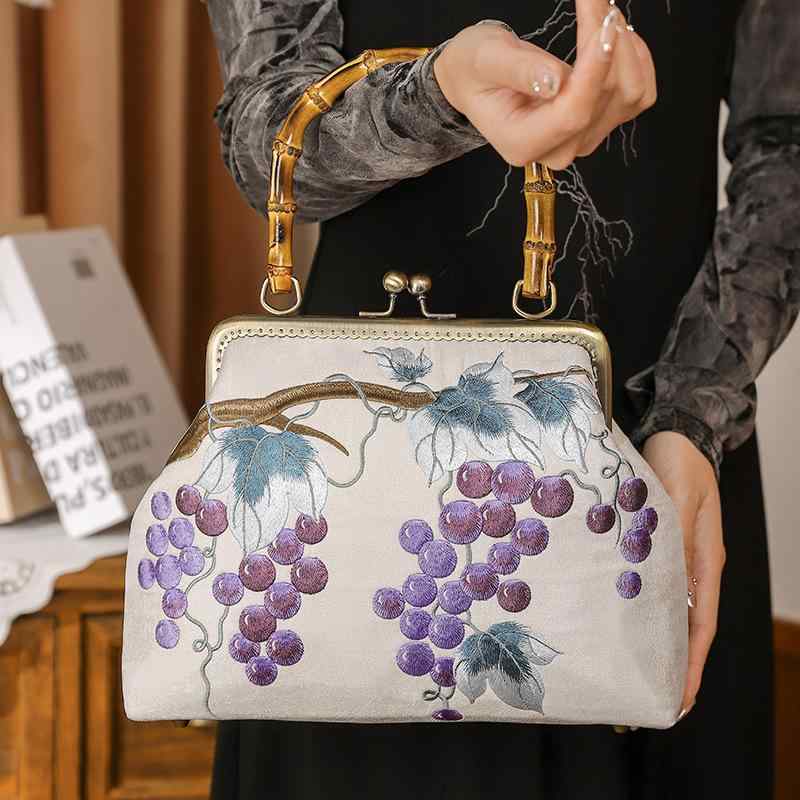 バッグ レディース 白ぶどう刺繍 竹ハンドル 2way スクエア型 ロック開閉 チェーン付き レトロ チャイナドレス パーティー 結婚式 フォーマル デイリーユース
