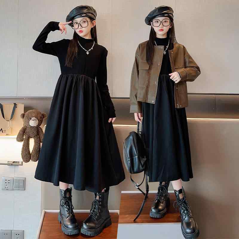 ワンピース 女の子 キッズ PUレザー ジャケット セットアップ 長そで ソフトタッチ カジュアル おしゃれ かわいい 春秋服 ジュニア 通学 普段着 2点セット