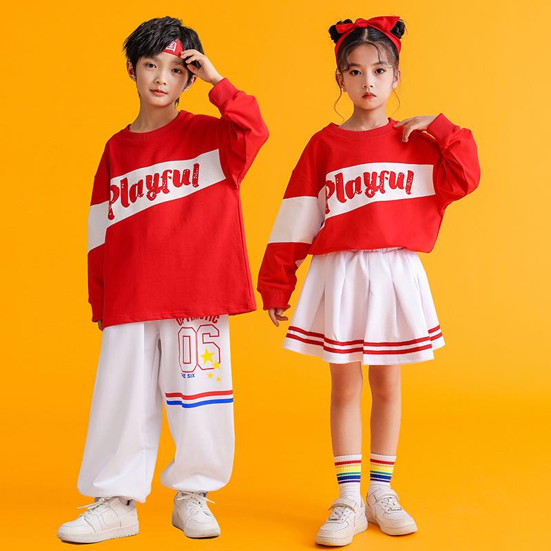 チアリーディングウェア キッズ 子供 男女兼用 小学生 中学生 応援団 運動会 ダンス 発表会 イベント チームユニフォーム 綿素材 春秋 レッド 長袖 スカート ジャージパンツ セットアップ