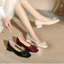 パンプス レディース 太ヒール ミドルヒール エナメル リボン 浅口 スクエアトゥ 結婚式 パーティー フォーマル 通勤 オフィス フレンチスタイル ワインレッ...