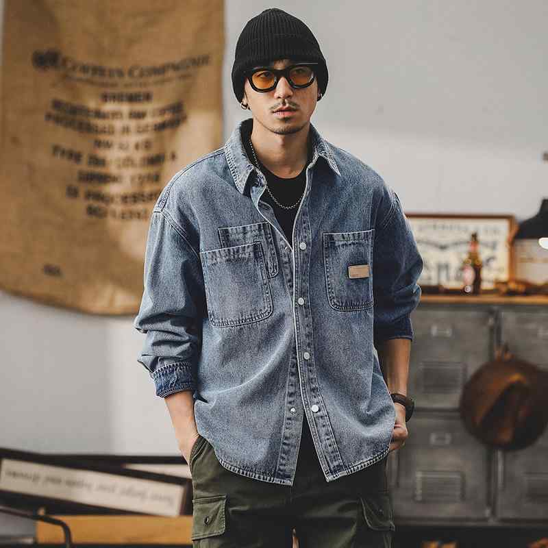 デニムシャツ メンズ 長袖 ゆったり ワークジャケット カジュアル 薄手 通気性 シワになりにくい 多ポケット 春秋 綿 コットン ブルー 無地 アウター