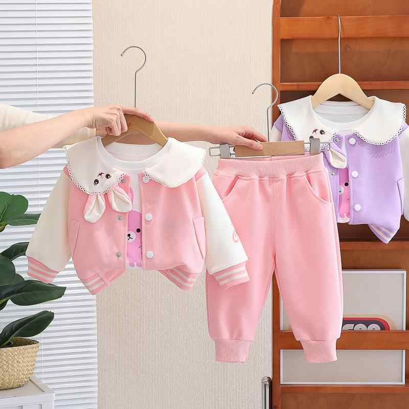 キッズ 子供服 女の子 ベビー ソフトな肌触り 長袖 うさぎ ビッグカラー カーディガンスウェット ロングパンツ 3点セット 春秋 かわいい おしゃれ 韓国風 コットン 前開き