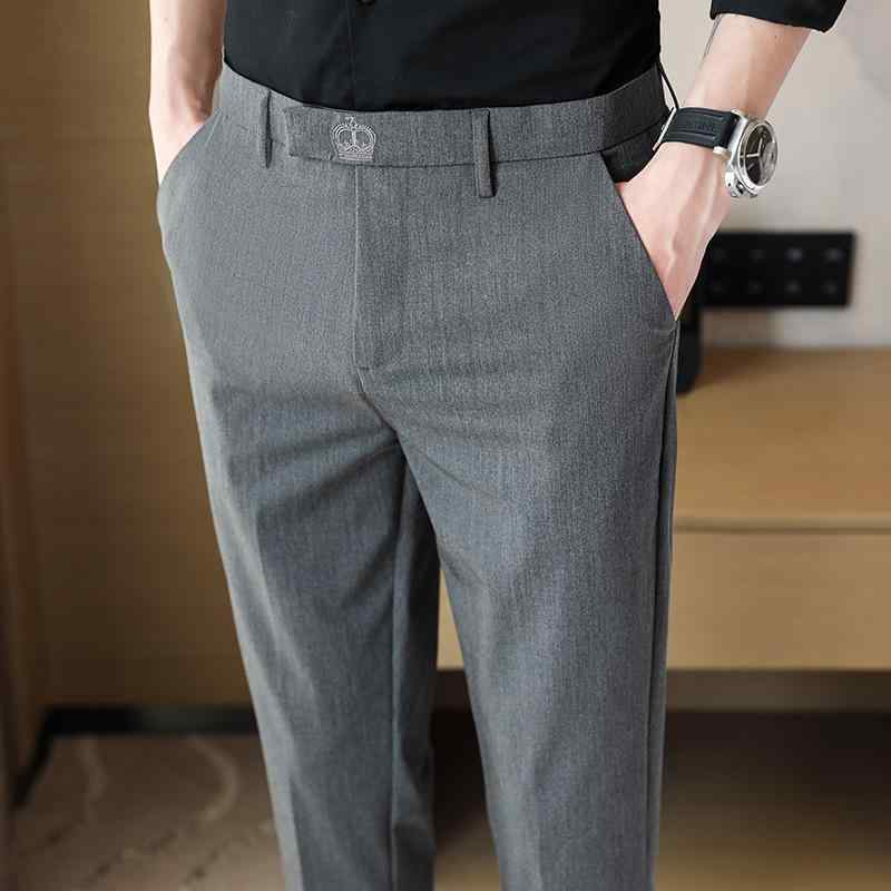 スラックス メンズ 春夏秋 微ストレッチ スリム テーパード 刺繍入り きれいめ オフィスカジュアル ビジネス 通勤用 シンプル ポリエステル混 韓国ファッション ボタンデザイン 20代 30代 40代