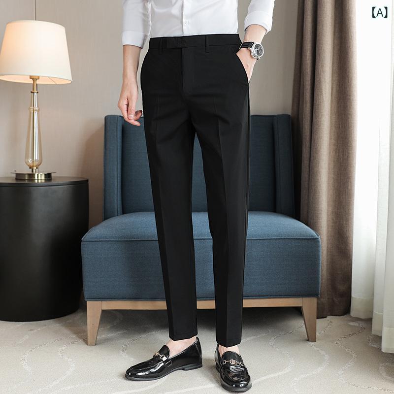 スラックス メンズ 春夏秋 微ストレッチ スリム テーパード 刺繍入り きれいめ オフィスカジュアル ビジネス 通勤用 シンプル ポリエステル混 韓国ファッション ボタンデザイン 20代 30代 40代