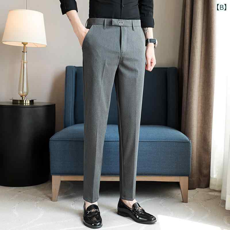 スラックス メンズ 春夏秋 微ストレッチ スリム テーパード 刺繍入り きれいめ オフィスカジュアル ビジネス 通勤用 シンプル ポリエステル混 韓国ファッション ボタンデザイン 20代 30代 40代