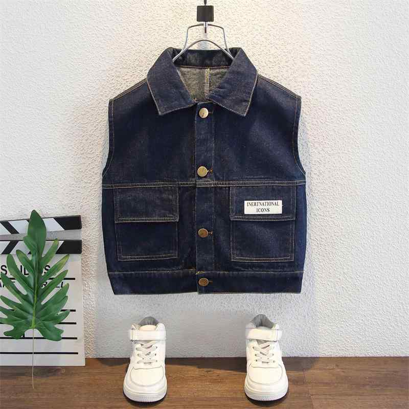 ベスト 男の子 キッズ デニム コットン 薄手 柔らかい 無地 フードなし 前開き シングルボタン 春秋 カジュアル ストリート系 韓国風 アウター 羽織り