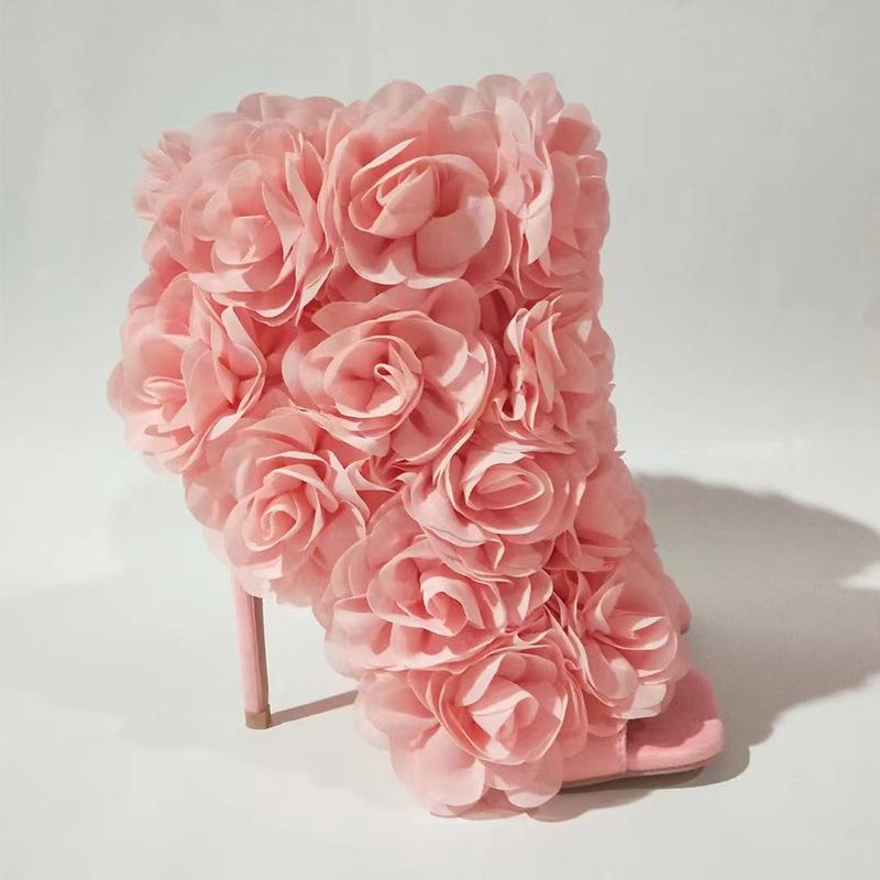 サンダル レディース エレガント 上品 スクエアトゥ ローズモチーフ ピンヒール 超ハイヒール スエード..