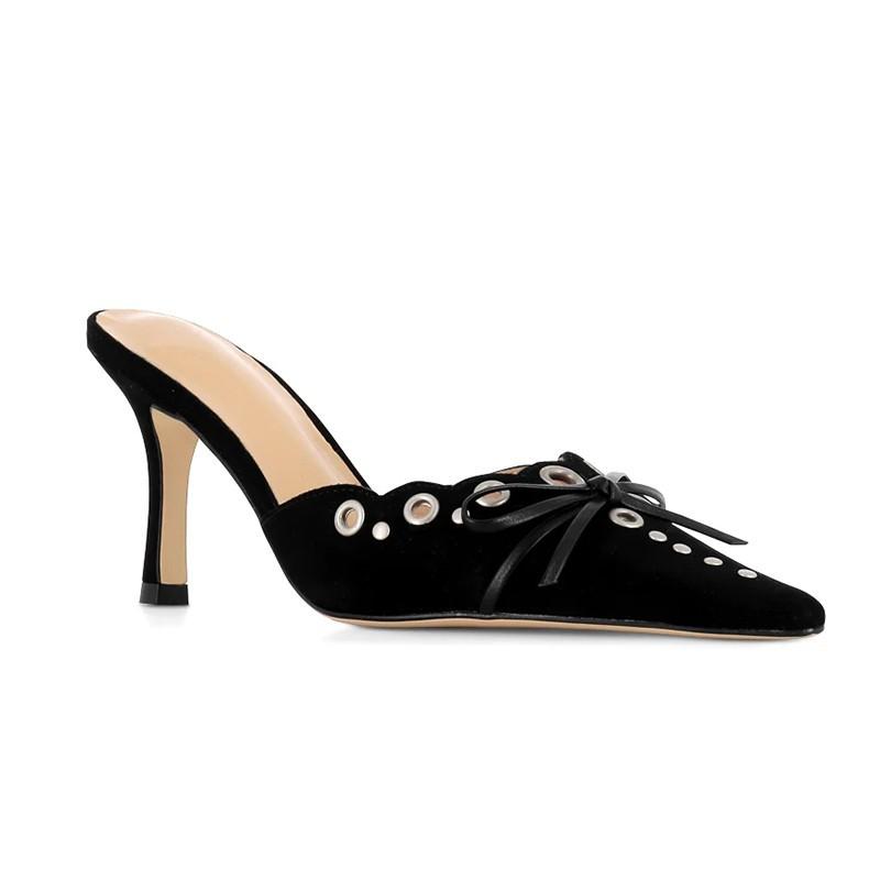 ミュール レディース スエード調 リボン カットアウト ポインテッドトゥ ハイヒール クローズドトゥ エ..