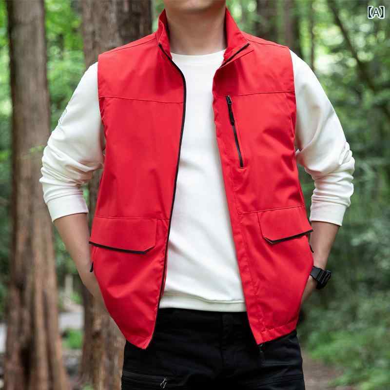 ベスト メンズ 中高年向け 春秋 アウトドア カジュアル 薄手 ワーク 大きいサイズ ゆったり スタンドカラー 多ポケット ジップアップ シンプル デイリー ポリエステル
