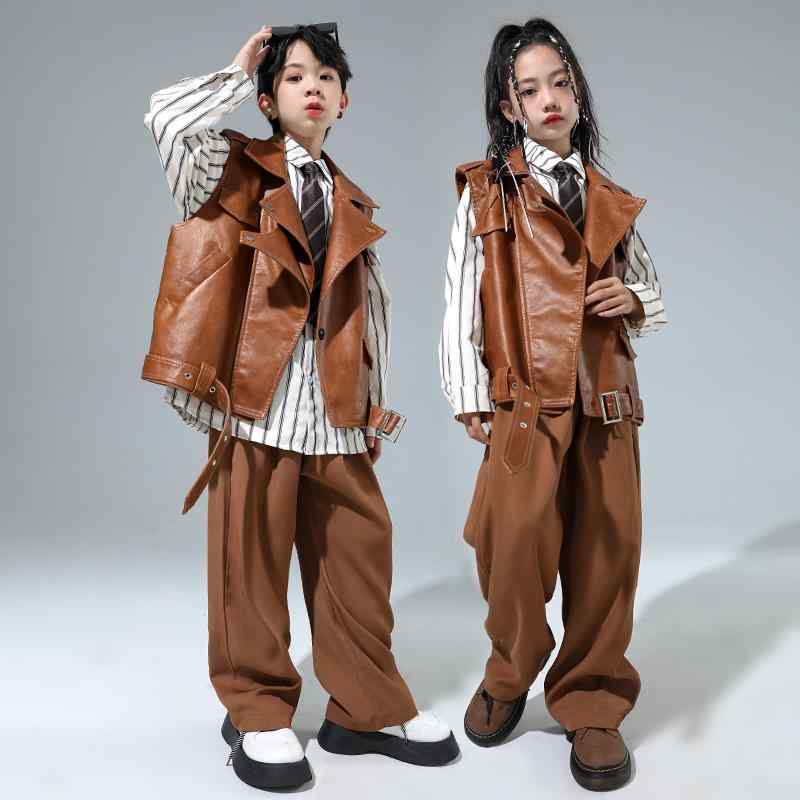 ダンス衣装 キッズ 男の子 女の子 春秋 ヒップホップ ストリートダンス レザージャケット ダメージデニムパンツ 上下セット 発表会 舞台 パフォーマンス衣装