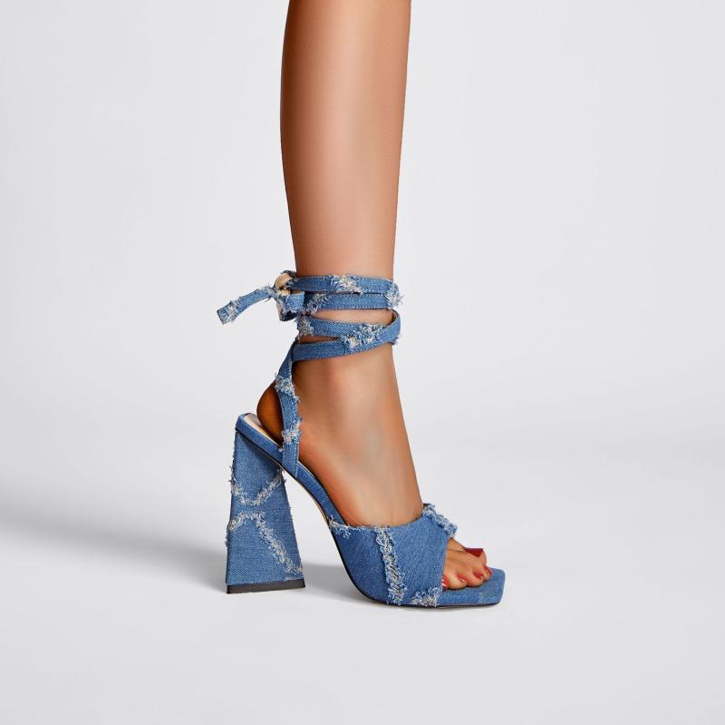 サンダル レディース 女性用 スクエアトゥ 太ヒール チャンキーヒール デニム素材 アンクルストラップ ..