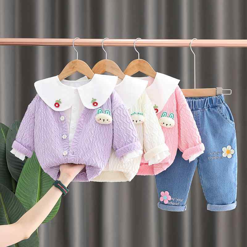 子供服 女の子 ベビー 春秋 長袖 ニットカーディガン パンツ 3点セット 韓国ファッション おしゃれ かわいい うさぎ キャラクター 綿混 ソフトタッチ 前開き お出かけ 部屋着 白 ピンク パープル