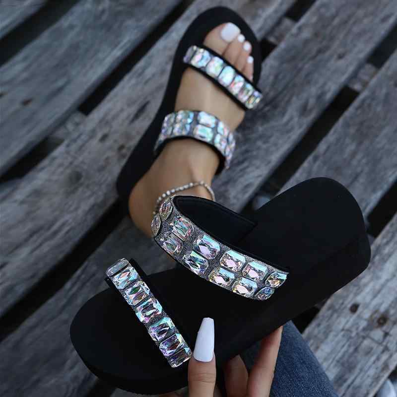 サンダル レディース 滑り止め 軽量 厚底 ウェッジソール ワンベルト ラインストーン おしゃれ ビーチ 外履き フェイクレザー ラバーソール 春夏 欧米風