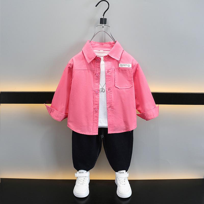 子供服 男の子 キッズ セットアップ 春秋 韓国子供服 カジュアル おしゃれ かっこいい 柔らか素材 薄手 綿 コットン 長袖 デニムパンツ ピンクシャツ 2点セット